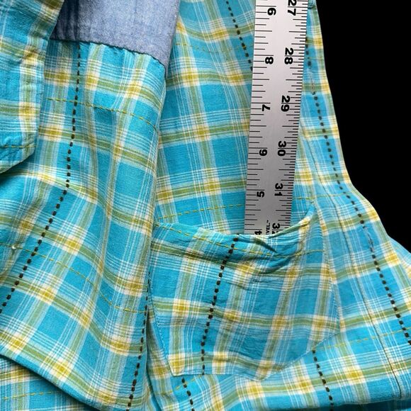 DDC Lab Button Down Shirt Mens Medium Internal Pocket Plaid Blue Mustard White - Picture 11 of 13